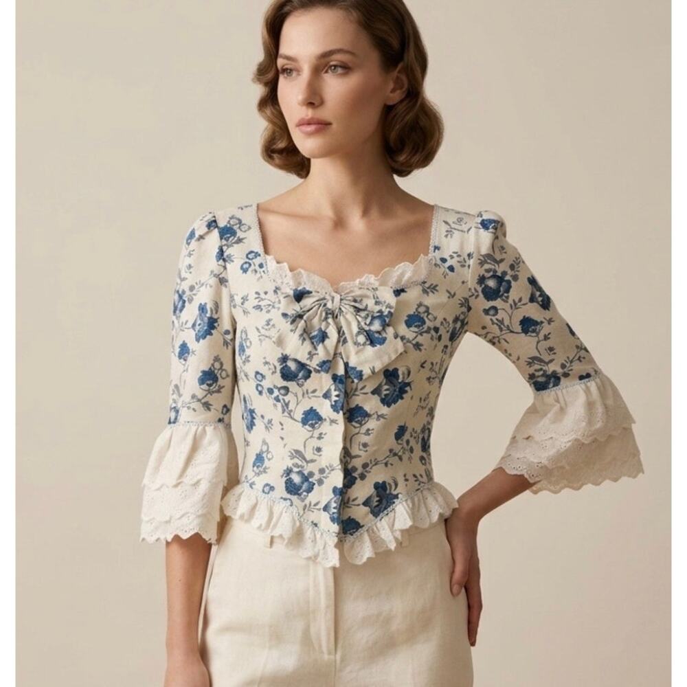 Victorian Choice Women S Blue Floral Cotton Blouse Renaissance Regency Lace Bow